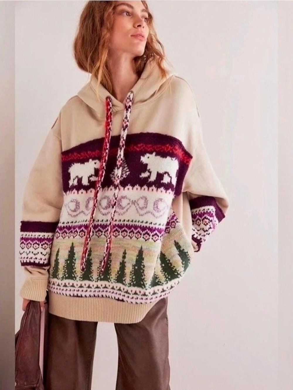NEW Free People Lutz Fair Isle Oversized Hoodie Knit Bear Tree Women’s Small S